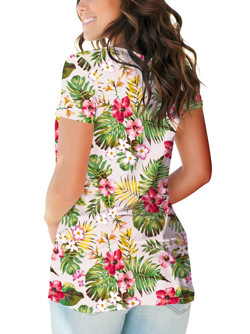SAMPEEL Cute Summer Tops for Women V Neck Floral T Shirts Loose Boho Clothes Beige L - Image 3